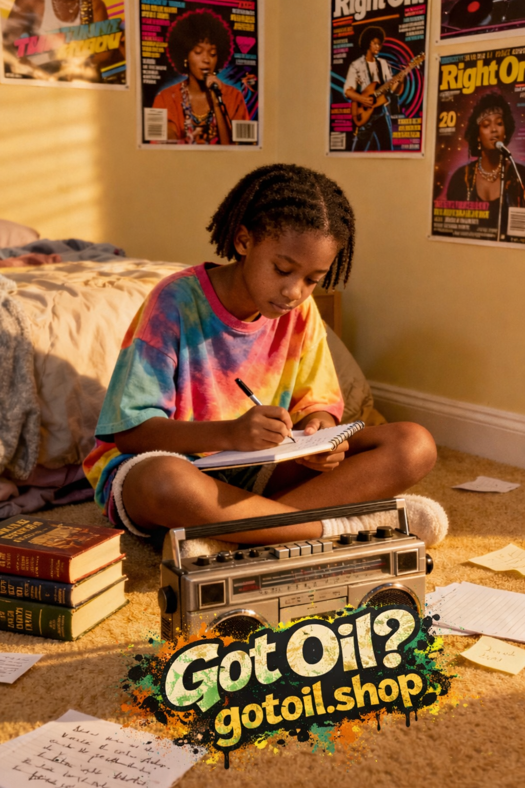 Throwback-inspired bedroom scene with writing, posters, and a boom box